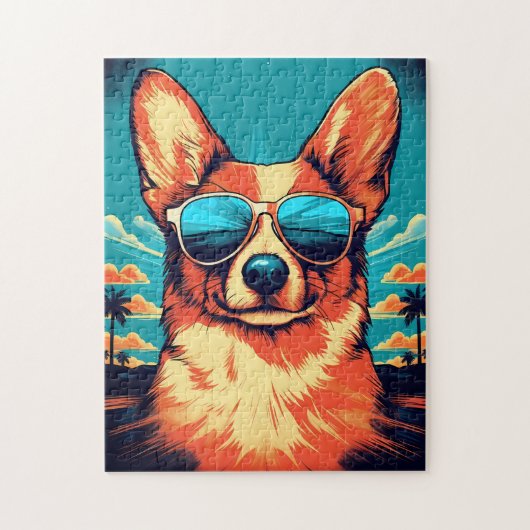 Corgi met zonnebril op een tropisch strand legpuzzel (Verticaal)