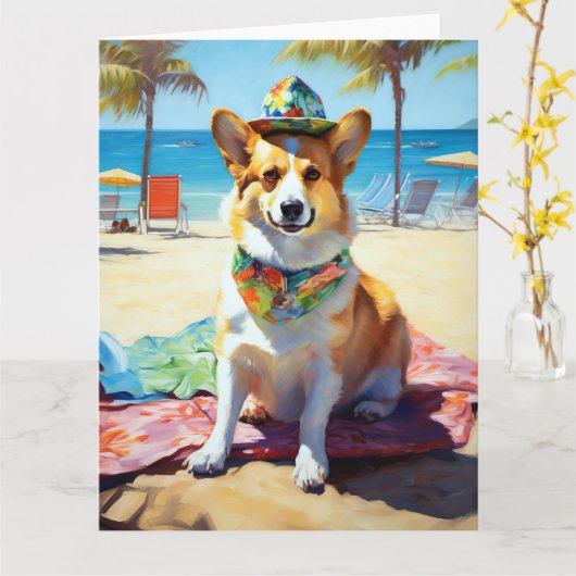 Corgi on Beach, zomercadeau voor hondenliefhebbers Kaart (Gele Bloem)