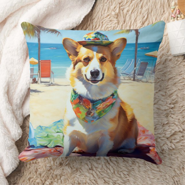 Corgi on Beach, zomercadeau voor hondenliefhebbers Kussen (Deken)