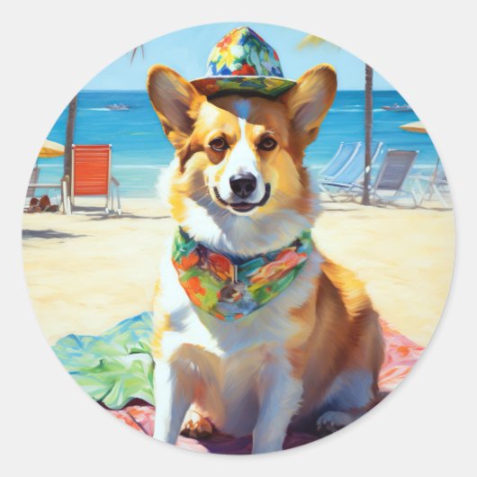 Corgi on Beach, zomercadeau voor hondenliefhebbers Ronde Sticker (Voorkant)