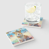 Corgi on Beach, zomercadeau voor hondenliefhebbers Stenen Onderzetter (Zijkant)