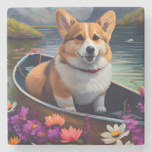 Corgi op een peddel: Een landschappelijk avontuur Stenen Onderzetter