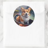 Corgi op een peddel: Een Schilderachtig avontuur Ronde Sticker (Tas)