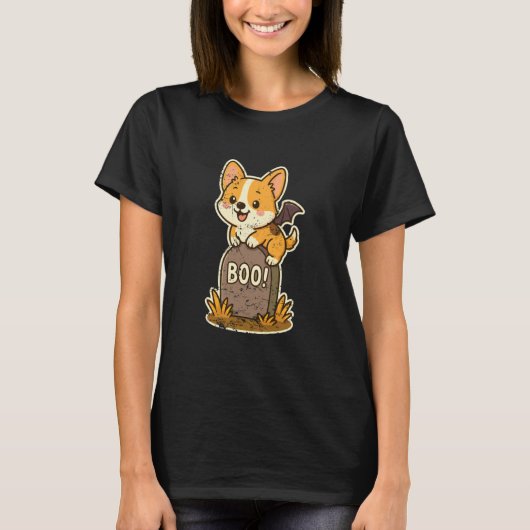 Corgi op grafsteen Boo Halloween T-shirt (Voorkant)