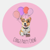 'Corgi Party Crew' Playful Pink Corgi Birthday Ronde Sticker (Voorkant)