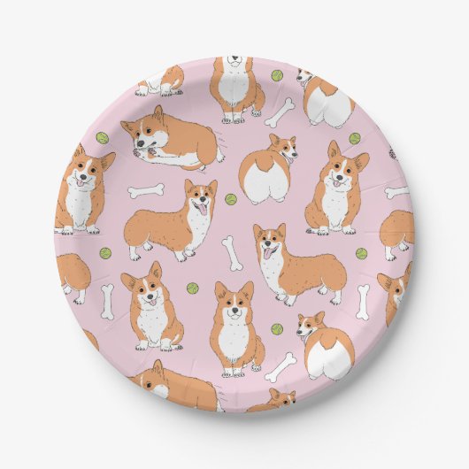 corgi-patroon in roze papieren bordje (Voorkant)