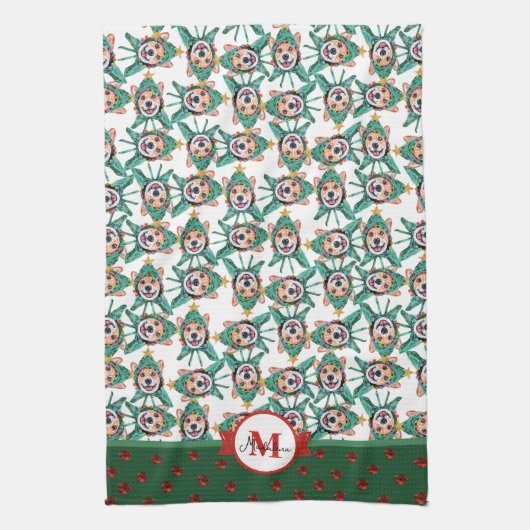 Corgi Patroon Monogram Kerst Hond Keuken Handdoek (Verticaal)