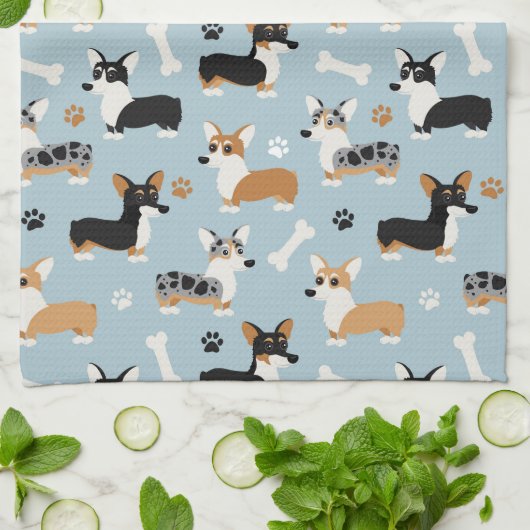 Corgi Pattern Blue Theedoek (Gevouwen)