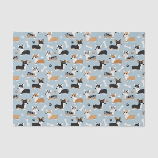 Corgi Pattern Blue Tissuepapier (Voorkant)