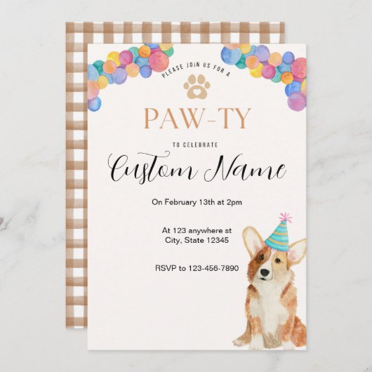 Corgi Paw-ty verjaardagsuitnodiging Kaart (Voorkant / Achterkant)