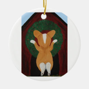 Corgi plaatst Kerstkrans op Hondenhok Keramisch Ornament