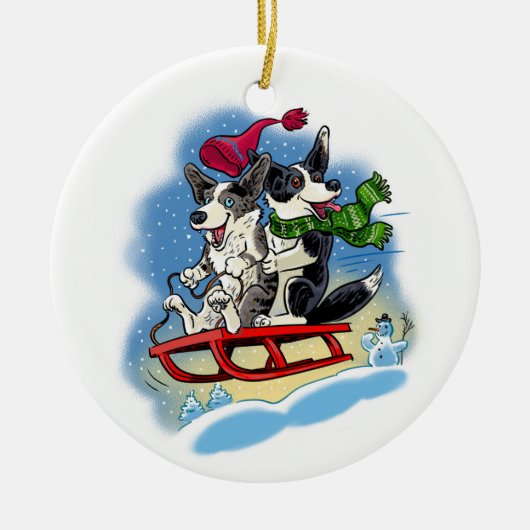 Corgi plezier in de sneeuw keramisch ornament (Voorkant)