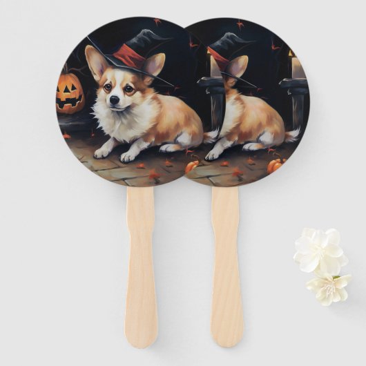 Corgi Pompoenen Halloween Griezelen Handwaaier (Voorkant en achterkant)