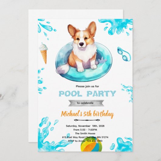 Corgi pool party Invite Kaart (Voorkant / Achterkant)