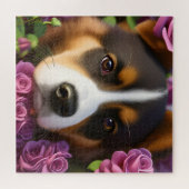 Corgi Puppy bij paarse rozen Legpuzzel (Horizontaal)