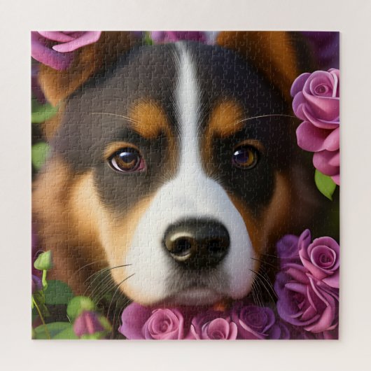Corgi Puppy bij paarse rozen Legpuzzel (Verticaal)