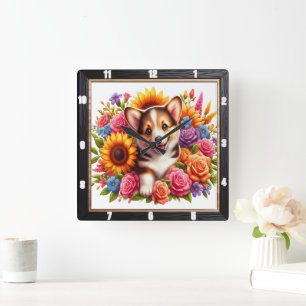 Corgi Puppy Bloementuin Vierkante Klok