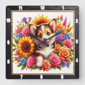 Corgi Puppy Bloementuin Vierkante Klok (Voorkant)