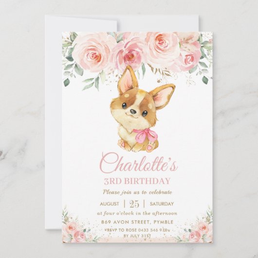 Corgi Puppy Dog Blush Roze Bloemen Meisje Verjaard Kaart (Voorkant)