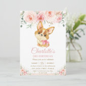 Corgi Puppy Dog Blush Roze Bloemen Meisje Verjaard Kaart (Staand voorkant)