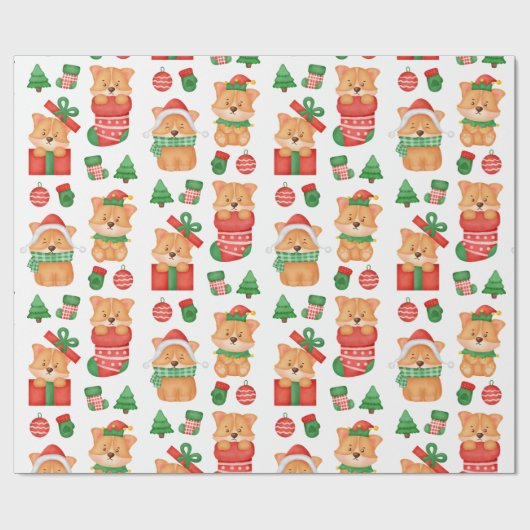 Corgi Puppy Dog Cute Festive Elf Kerstmis Cadeaupapier (Vlak)