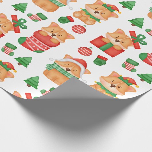 Corgi Puppy Dog Cute Festive Elf Kerstmis Cadeaupapier (Hoek)