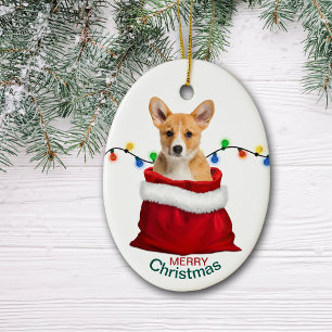 Corgi Puppy Dog in Holiday Gift Bag Keramisch Ornament