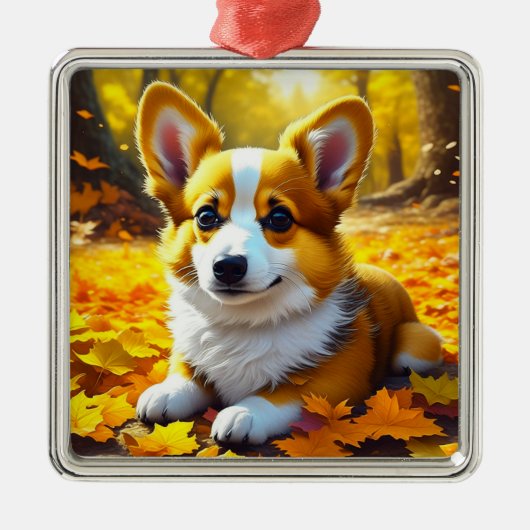 Corgi Puppy Dog Spelen in de Herfst Bladeren Metalen Ornament (Voorkant)
