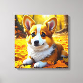 Corgi Puppy Dog Spelen In Herfst Bladeren Canvas Afdruk (Voorkant)