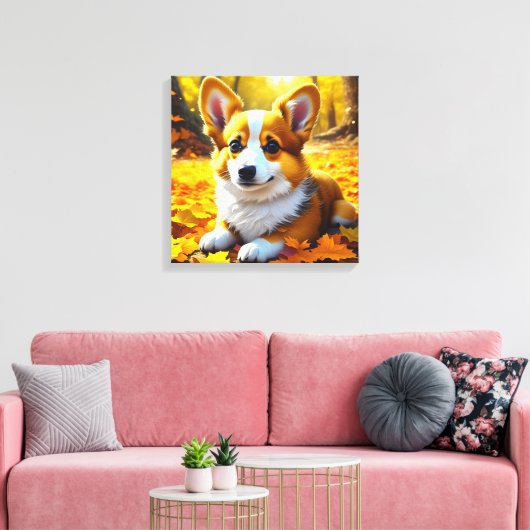Corgi Puppy Dog Spelen In Herfst Bladeren Canvas Afdruk (Insitu (Woonkamer))