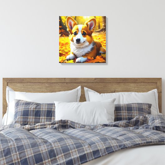 Corgi Puppy Dog Spelen In Herfst Bladeren Canvas Afdruk (Insitu (Slaapkamer))