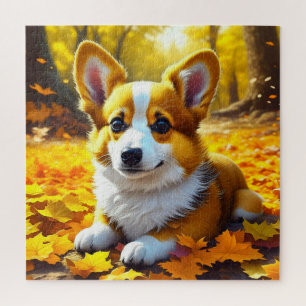 Corgi Puppy Dog Spelen In Herfst Bladeren Legpuzzel