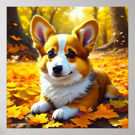 Corgi Puppy Dog Spelen In Herfst Bladeren Poster (Voorkant)