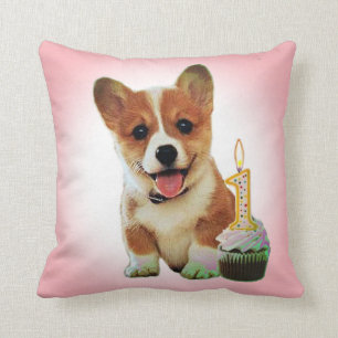 Corgi puppy en eerste verjaardag cupcake kussen