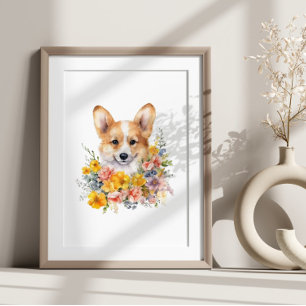 Corgi Puppy Funny Pet Waterverf Flower Poster