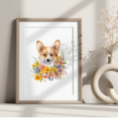 Corgi Puppy Funny Pet Waterverf Flower Poster