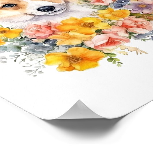 Corgi Puppy Funny Pet Waterverf Flower Poster (Hoek)