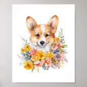 Corgi Puppy Funny Pet Waterverf Flower Poster (Voorkant)