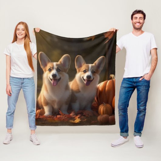 Corgi Puppy Herfst Delight Pompoen Fleece Deken (In situ)