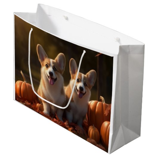 Corgi Puppy Herfst Delight Pompoen Groot Cadeauzakje (Voorkant Gekanteld)