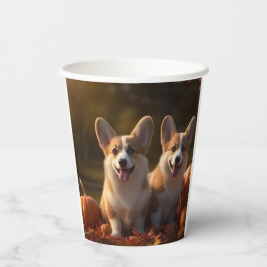 Corgi Puppy Herfst Delight Pompoen Papieren Bekers (Achterkant)