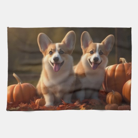 Corgi Puppy Herfst Delight Pompoen Theedoek (Horizontaal)