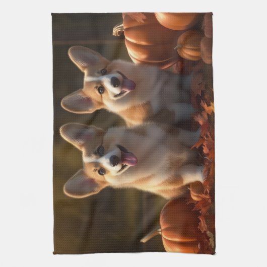 Corgi Puppy Herfst Delight Pompoen Theedoek (Verticaal)