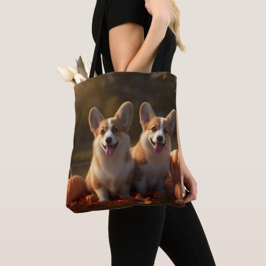 Corgi Puppy Herfst Delight Pompoen Tote Bag (Dichtbij)
