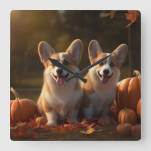 Corgi Puppy Herfst Delight Pompoen Vierkante Klok