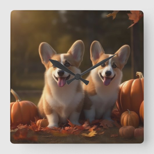 Corgi Puppy Herfst Delight Pompoen Vierkante Klok (Voorkant)