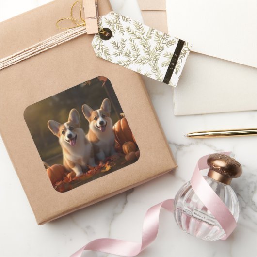 Corgi Puppy Herfst Delight Pompoen Vierkante Sticker (Geschenken)