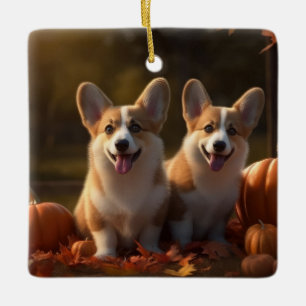 Corgi Puppy Herfst Plezier Pompoen Keramisch Ornament