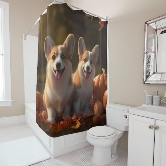 Corgi Puppy Herfstpomp Douchegordijn (In situ)