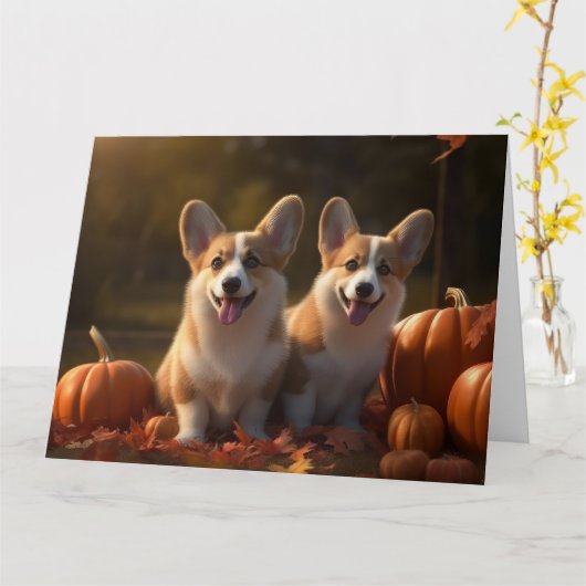 Corgi Puppy Herfstpracht Pompoen  Kaart (Gele Bloem)